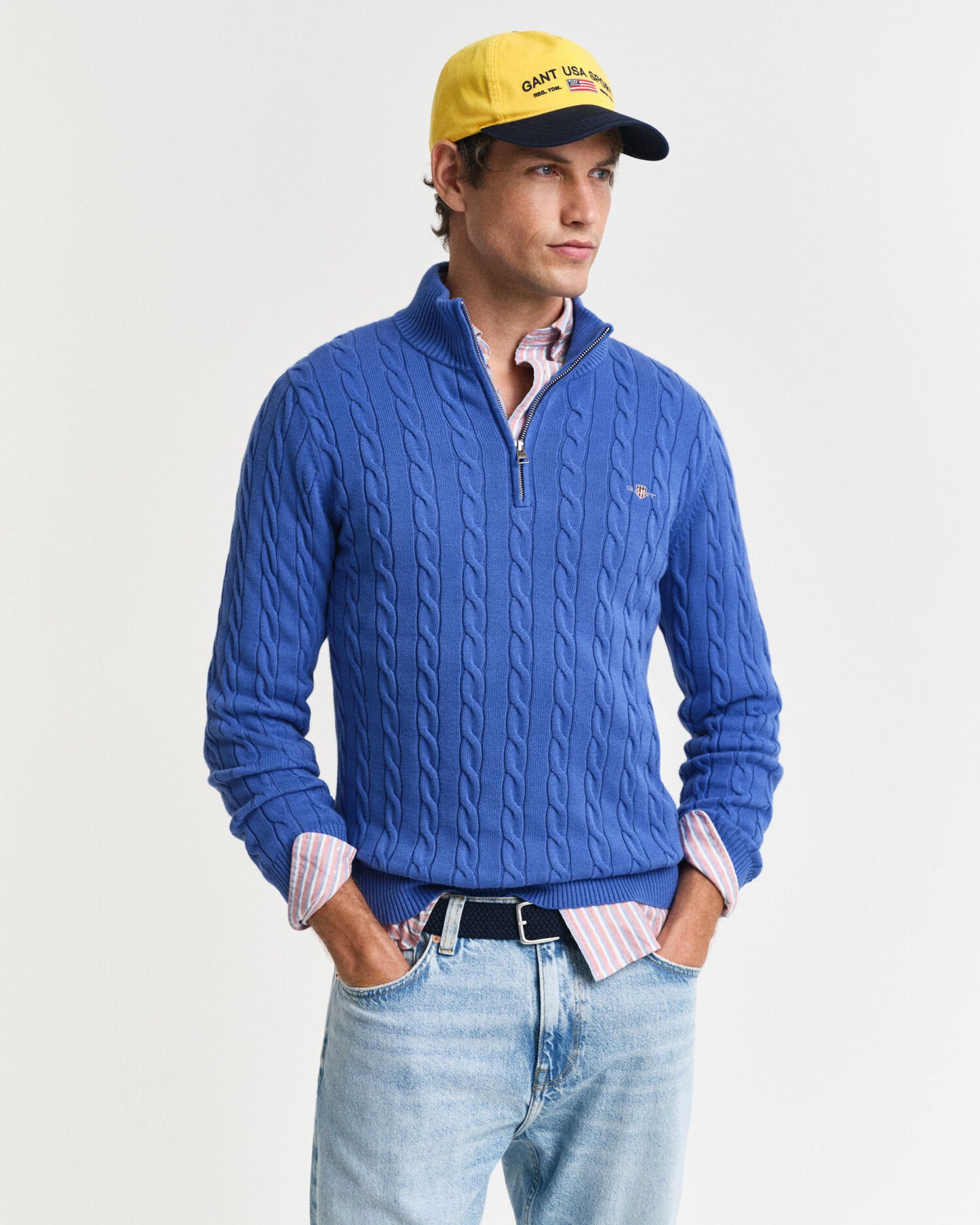 Baumwoll-Zopfstrickpullover mit halbem Reißverschluss