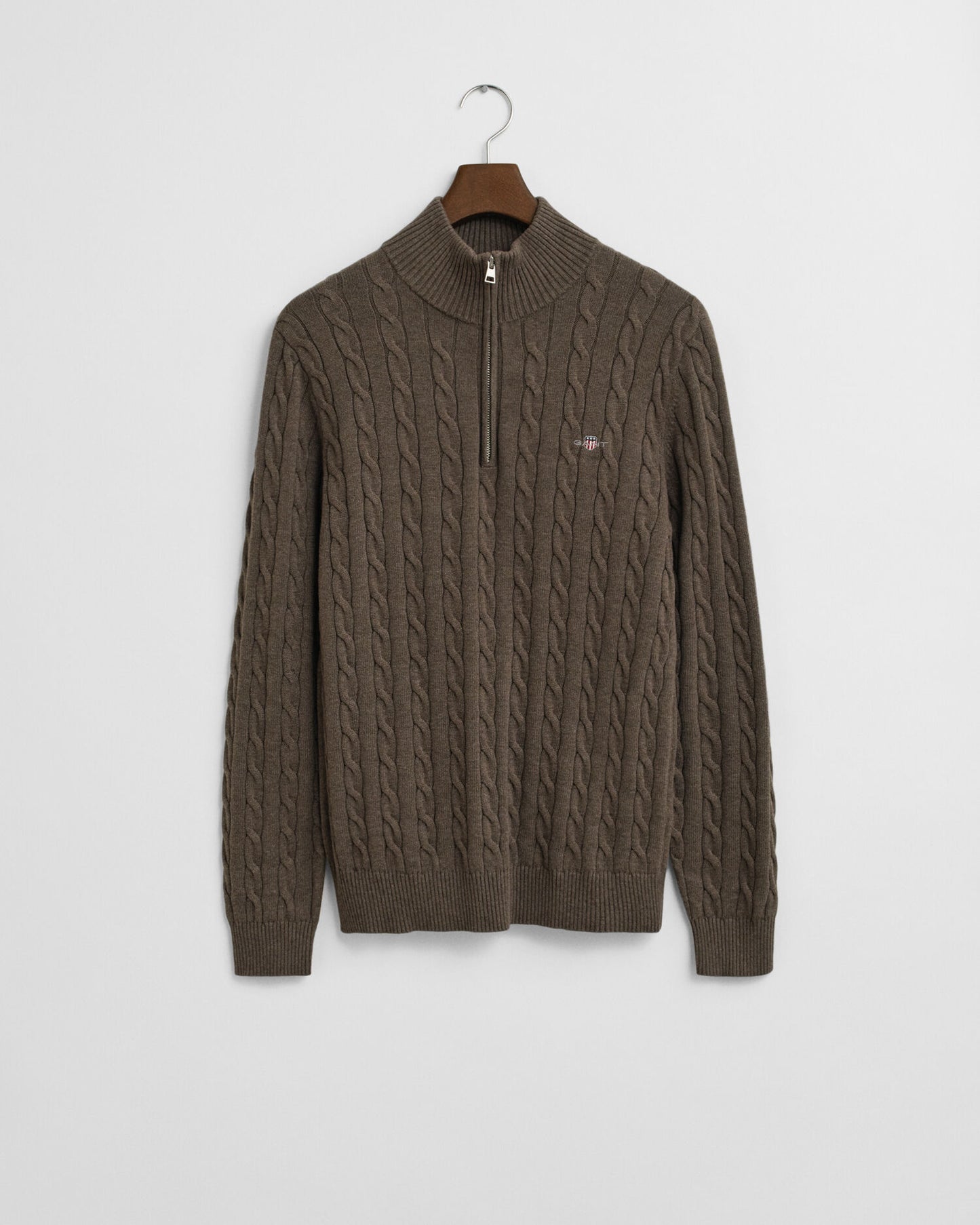 Baumwoll-Zopfstrickpullover mit halbem Reißverschluss