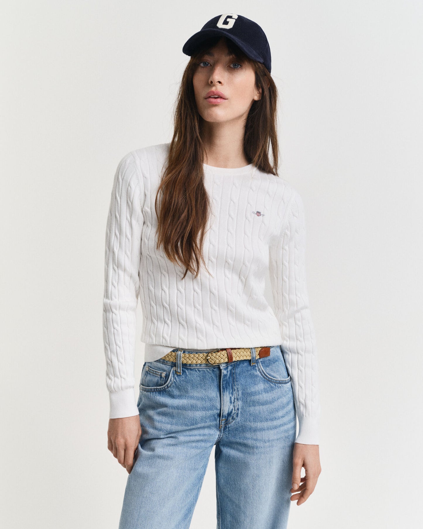 Pull col rond en tricot torsadé de coton extensible