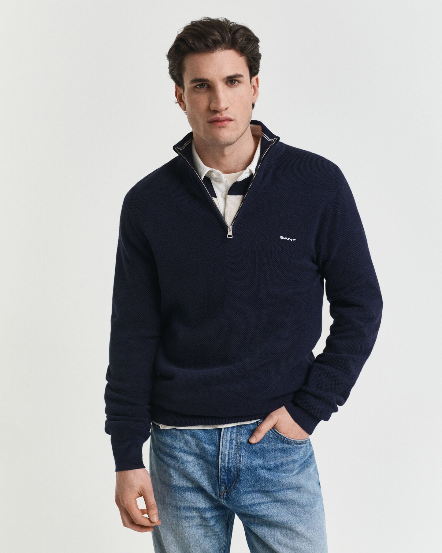 Baumwoll-Pikee-Pullover mit halbem Reißverschluss