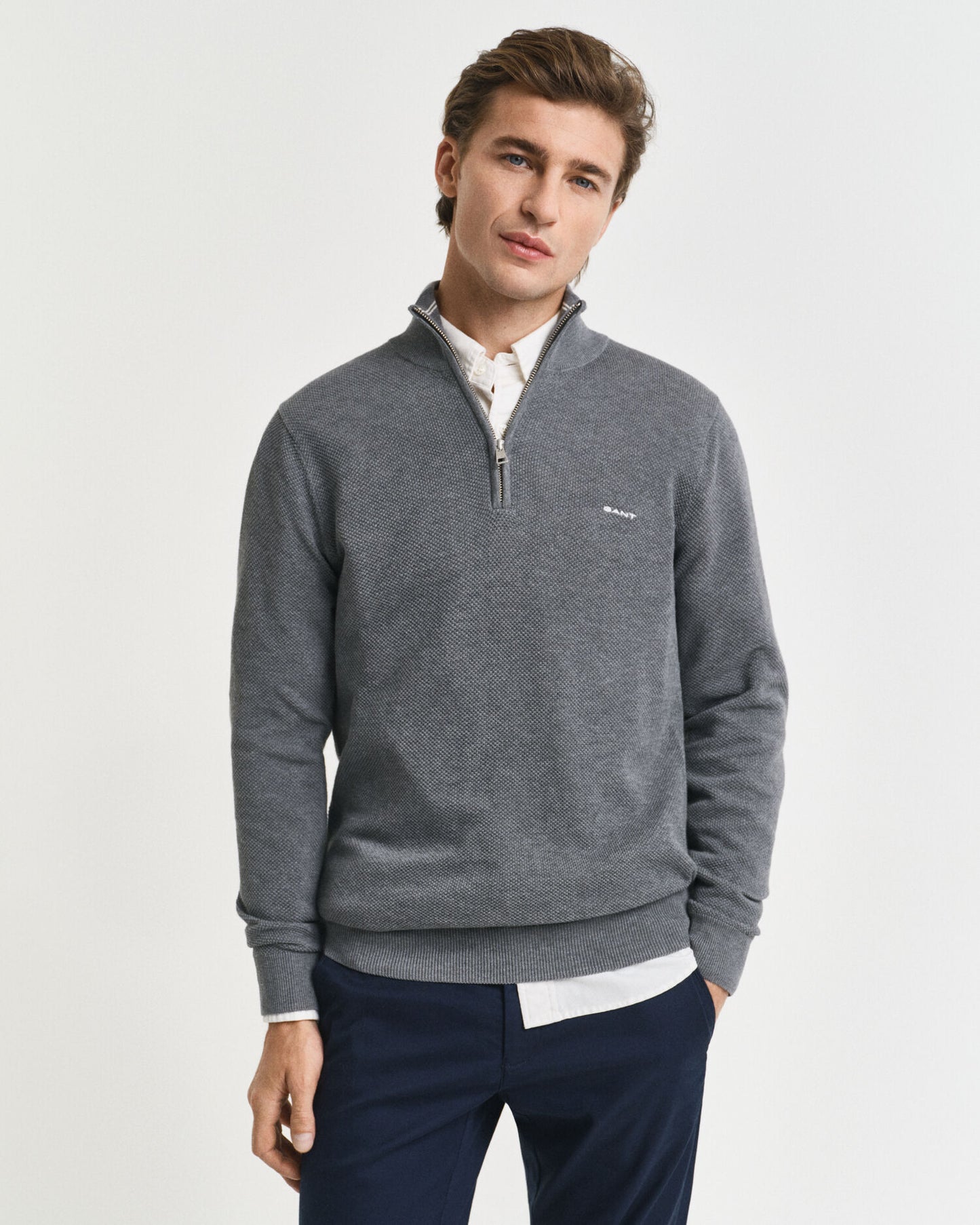 Baumwoll-Pikee-Pullover mit halbem Reißverschluss