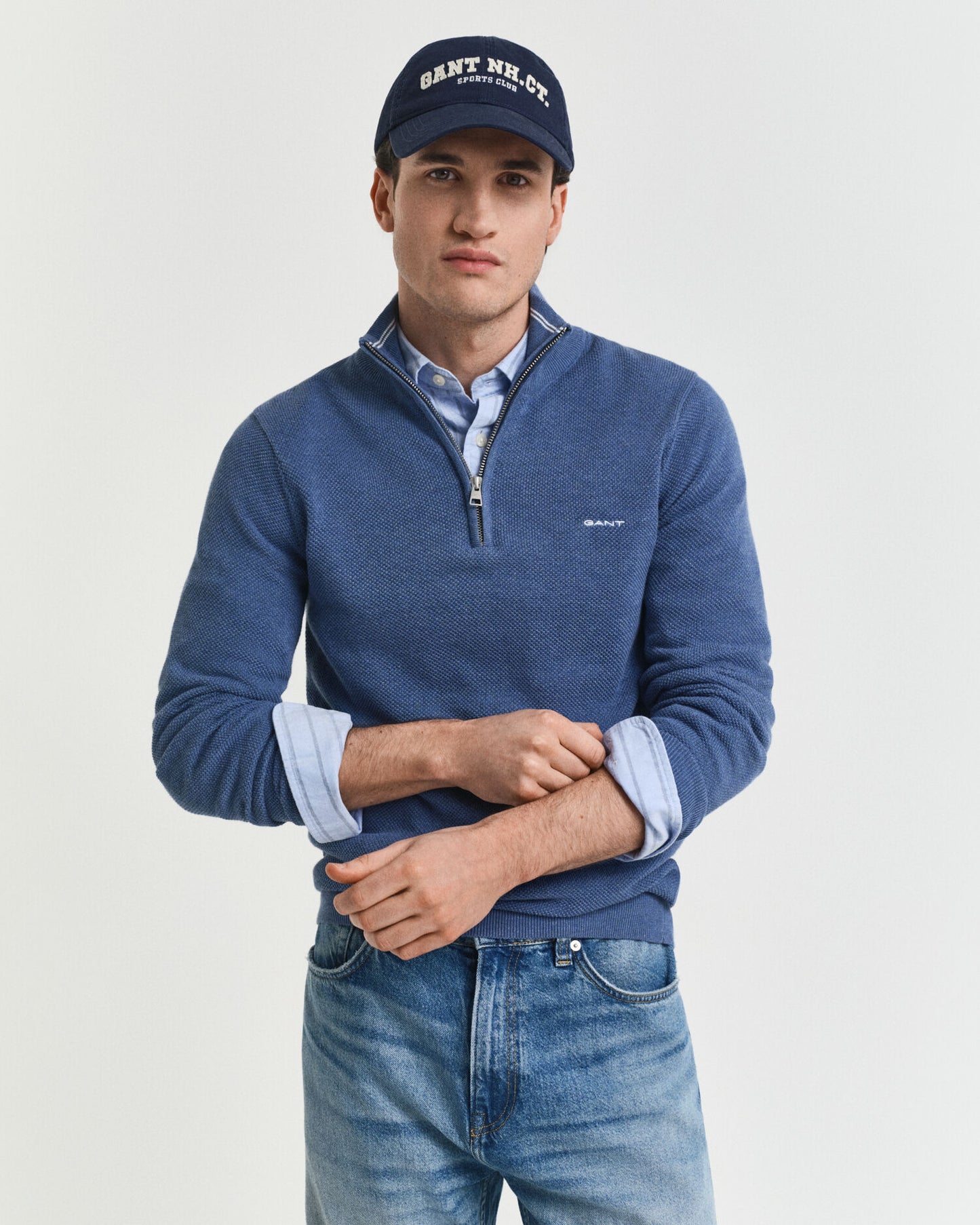 Baumwoll-Pikee-Pullover mit halbem Reißverschluss