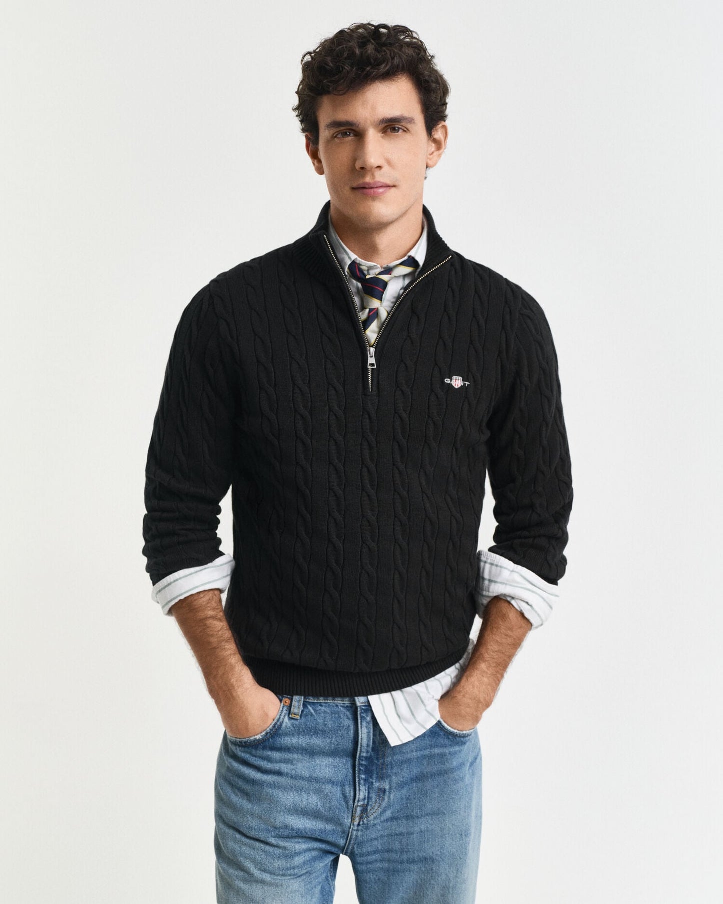 Baumwoll-Zopfstrickpullover mit halbem Reißverschluss