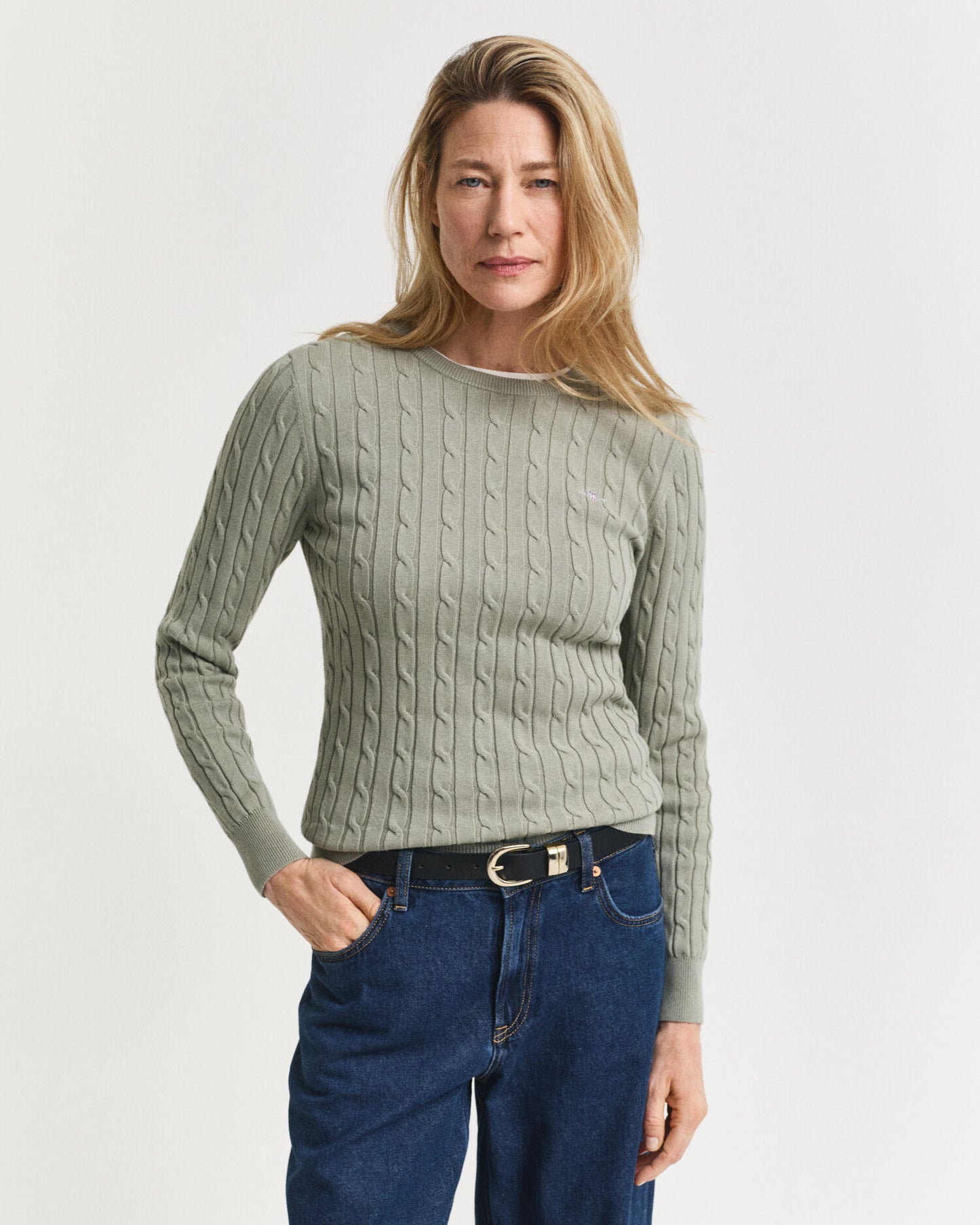 Pull col rond en tricot torsadé de coton extensible