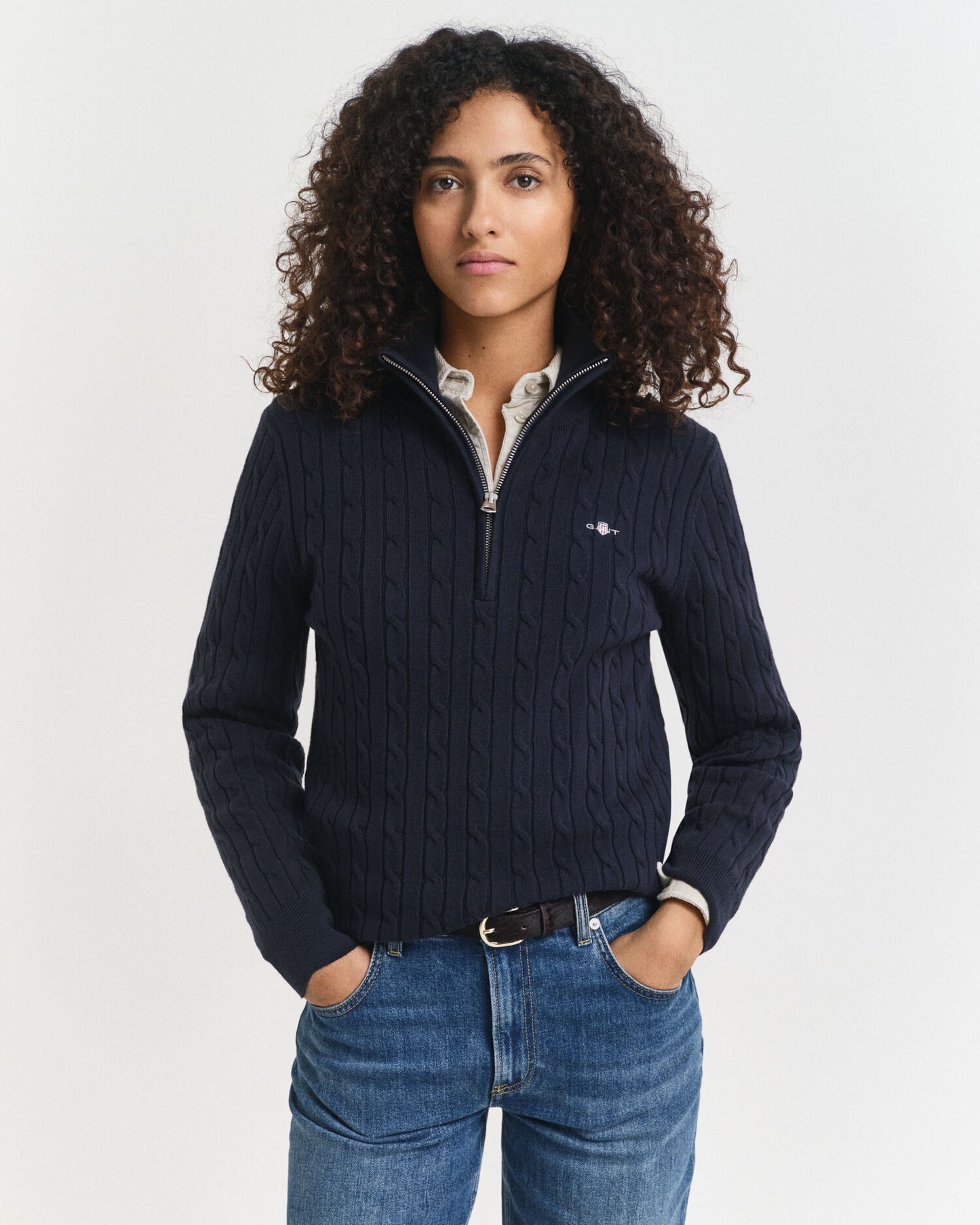 Pull en tricot torsadé demi-zip en coton stretch