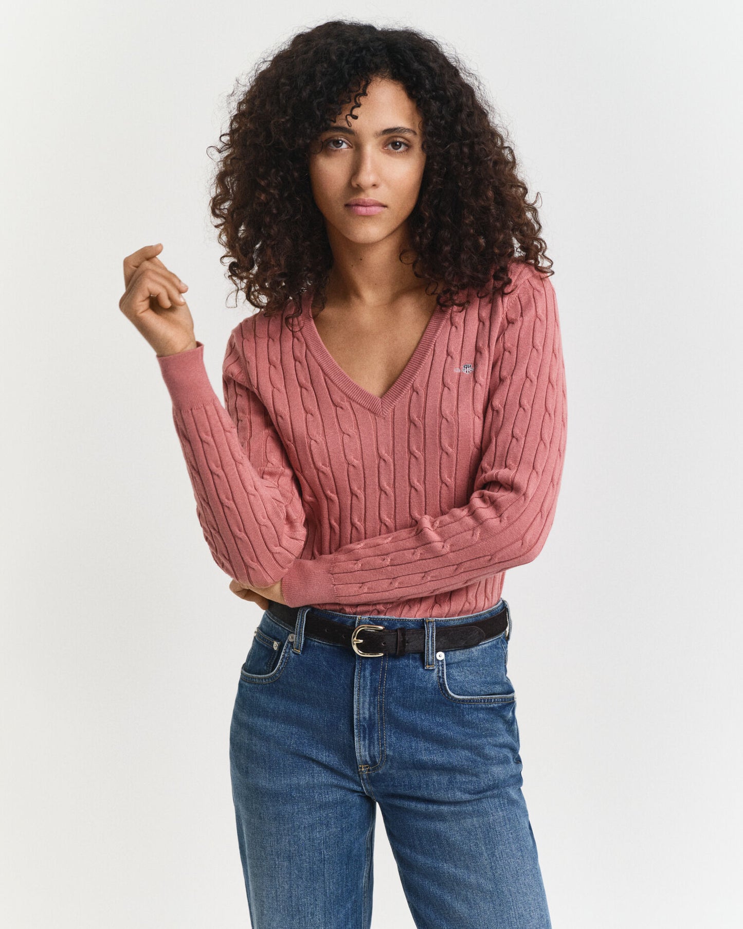 Pull col V en maille torsadée de coton stretch