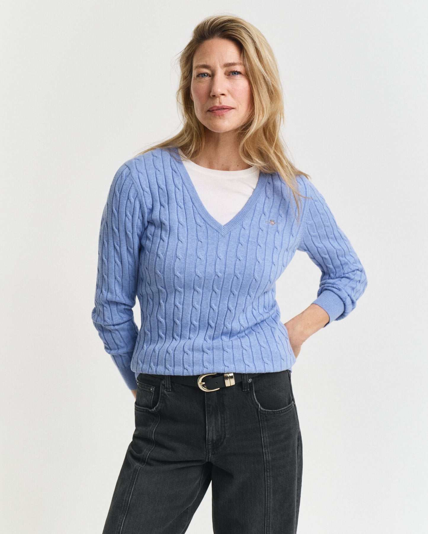 Pull col V en maille torsadée de coton stretch