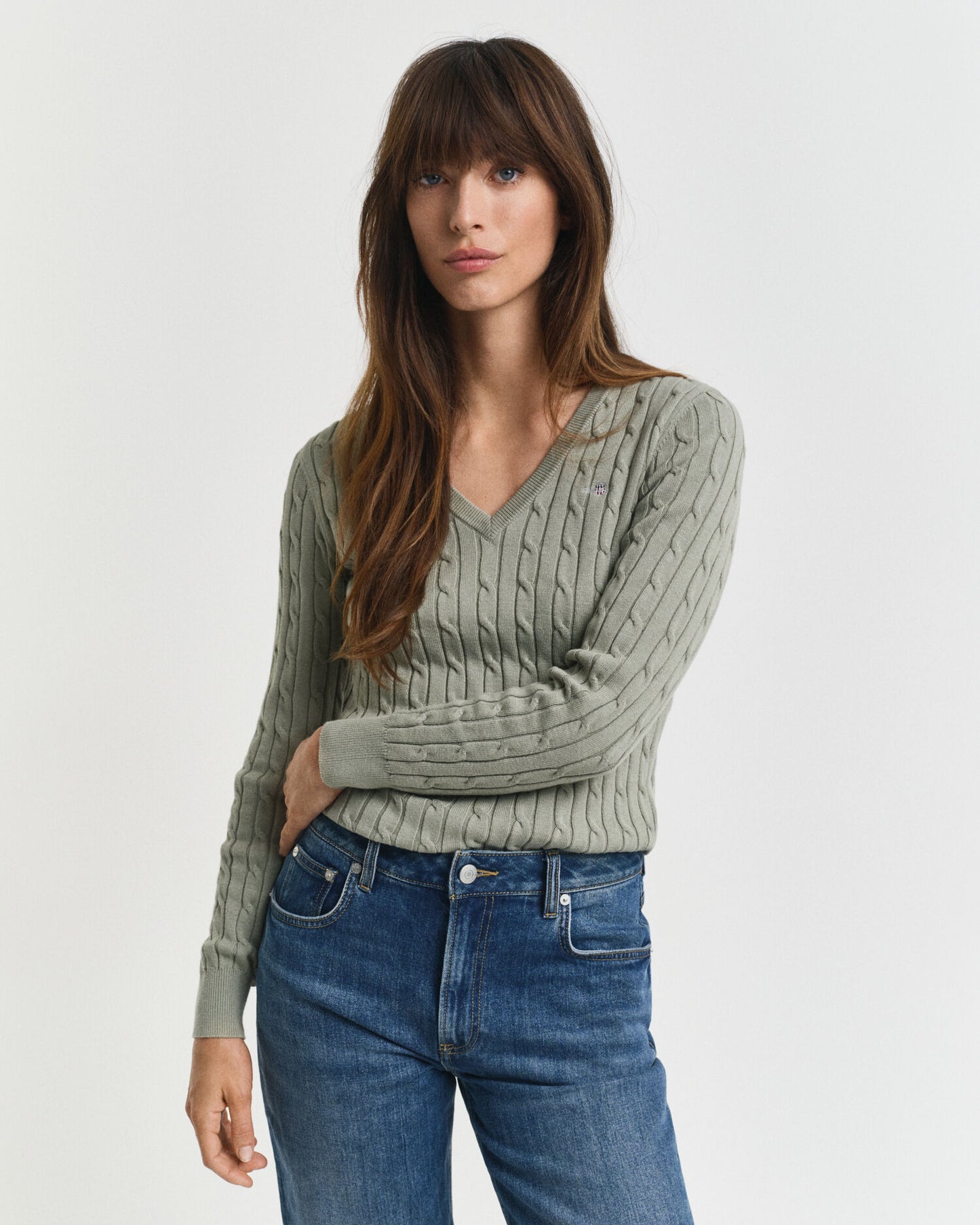 Pull col V en maille torsadée de coton stretch