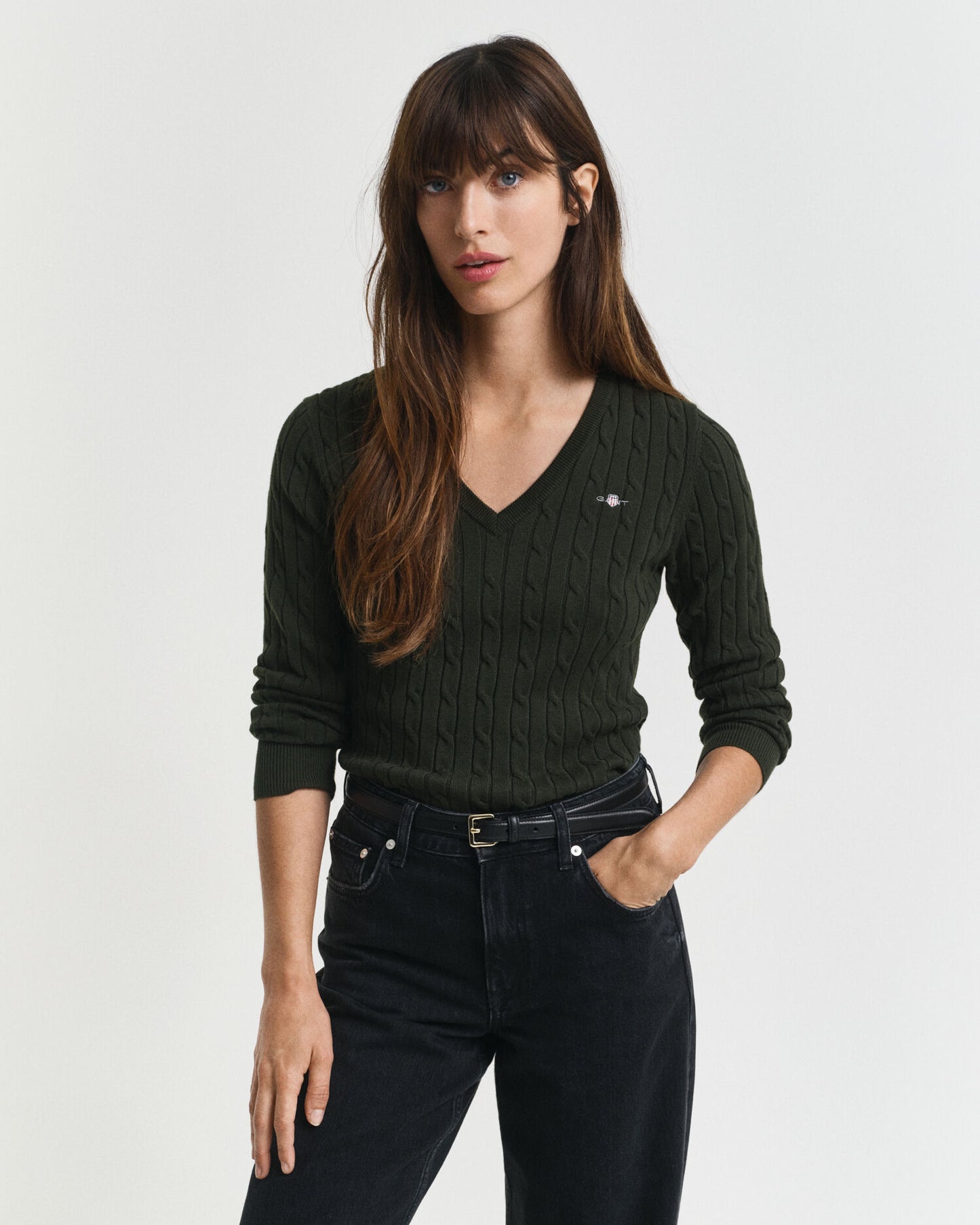 Pull col V en maille torsadée de coton stretch