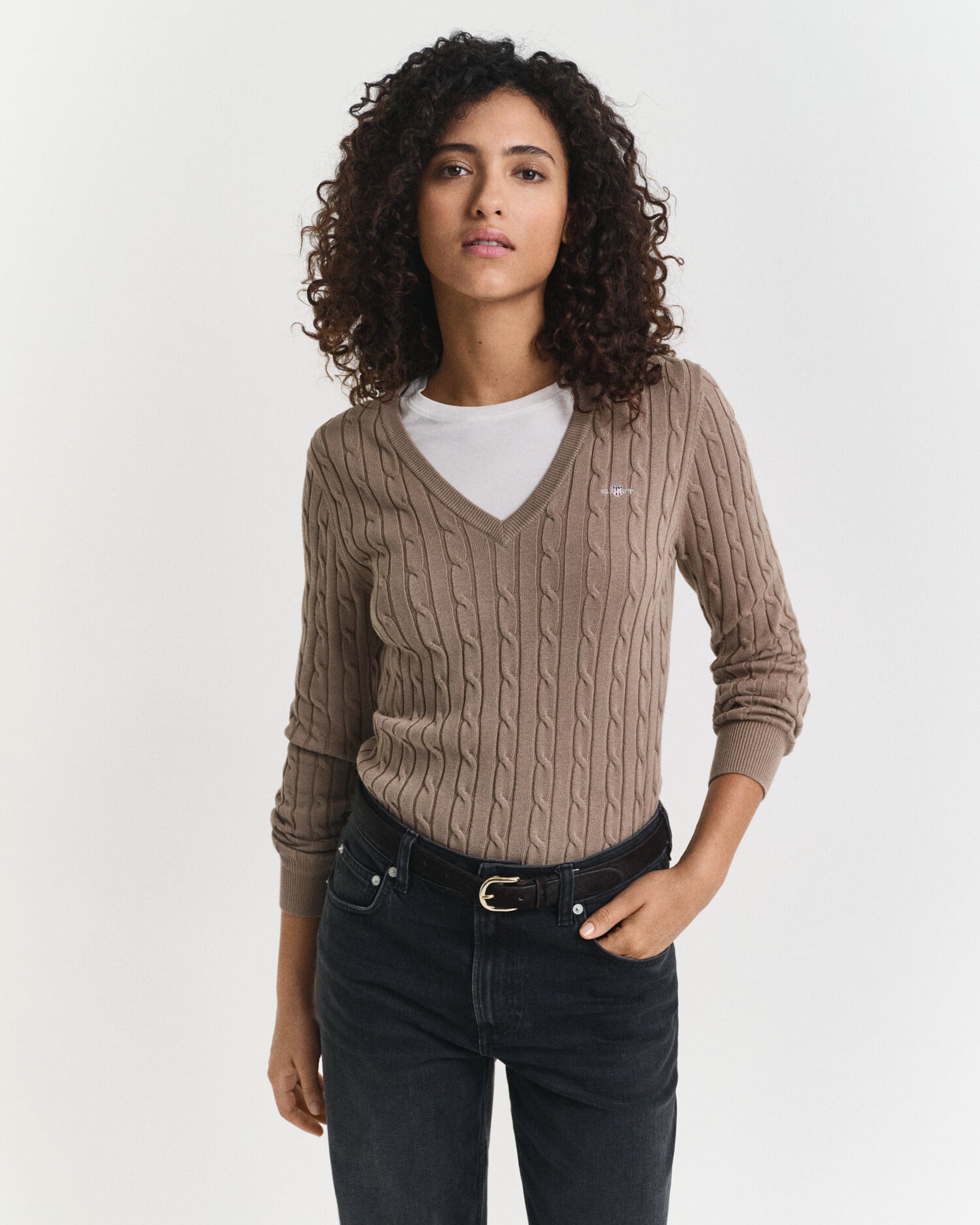 Pull col V en maille torsadée de coton stretch