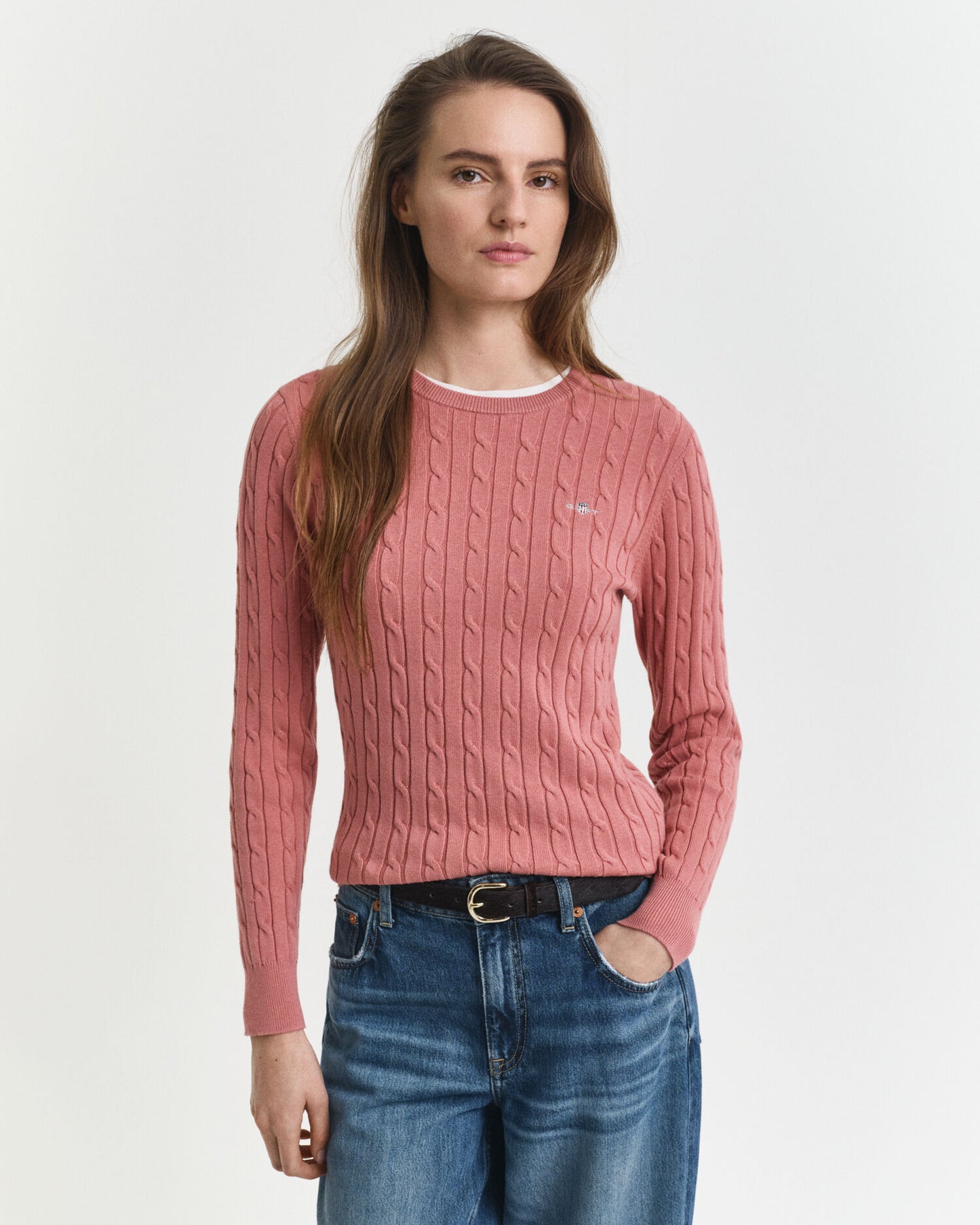 Pullover aus Stretch-Baumwolle mit Zopfmuster und Rundhalsausschnitt