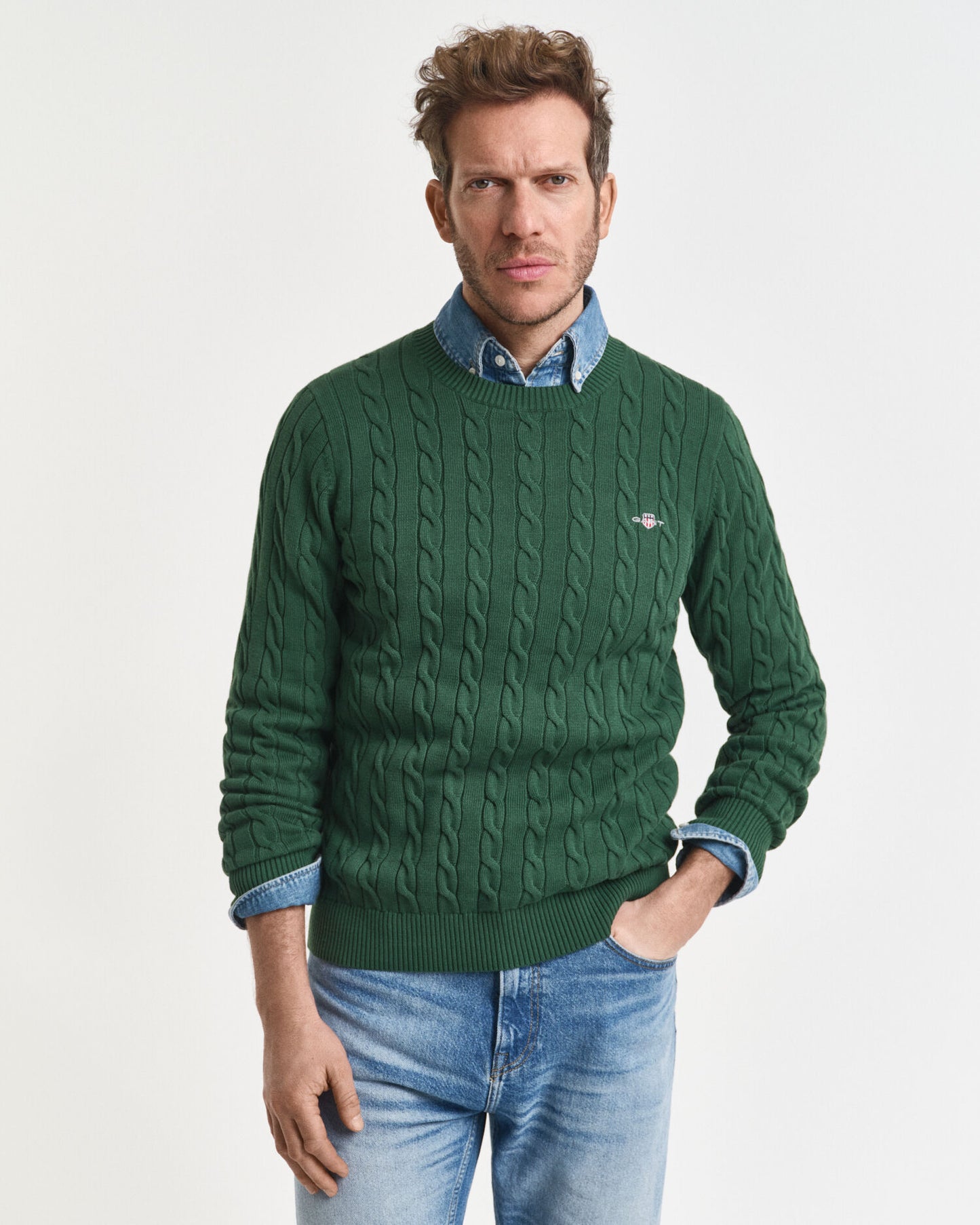 Baumwoll-Zopfstrickpullover mit Rundhalsausschnitt