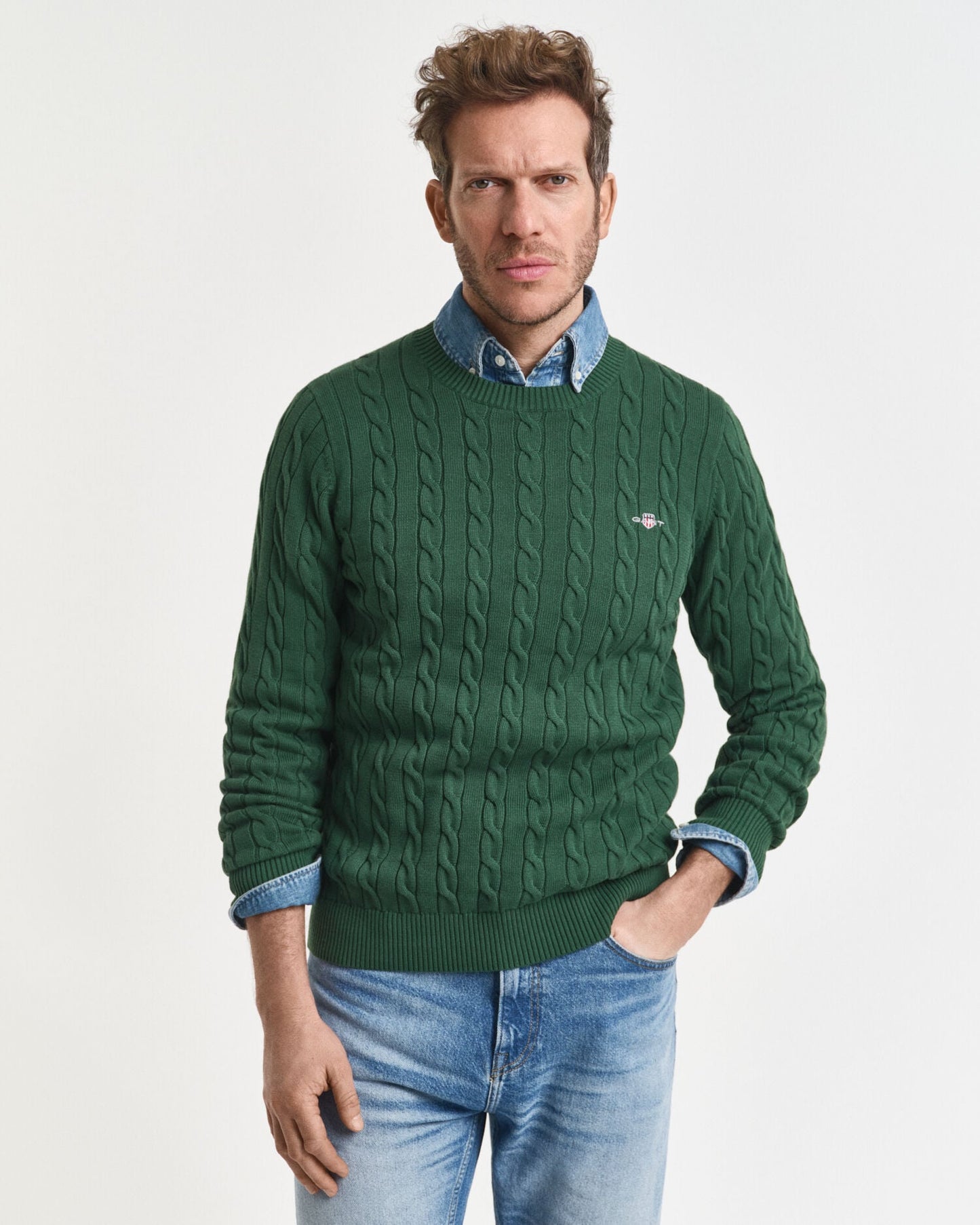 Pull en maille torsadée de coton à col rond