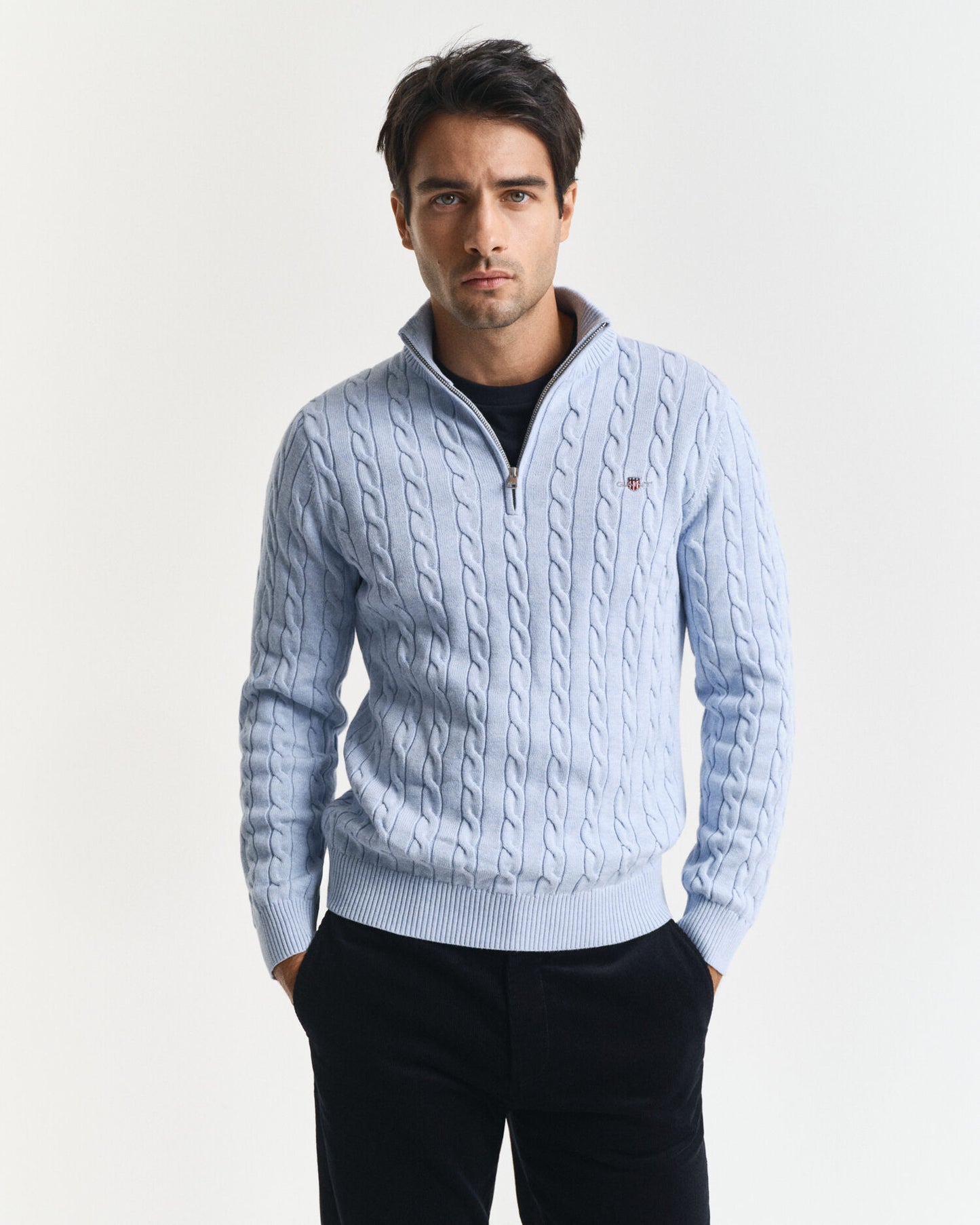 Baumwoll-Zopfstrickpullover mit halbem Reißverschluss