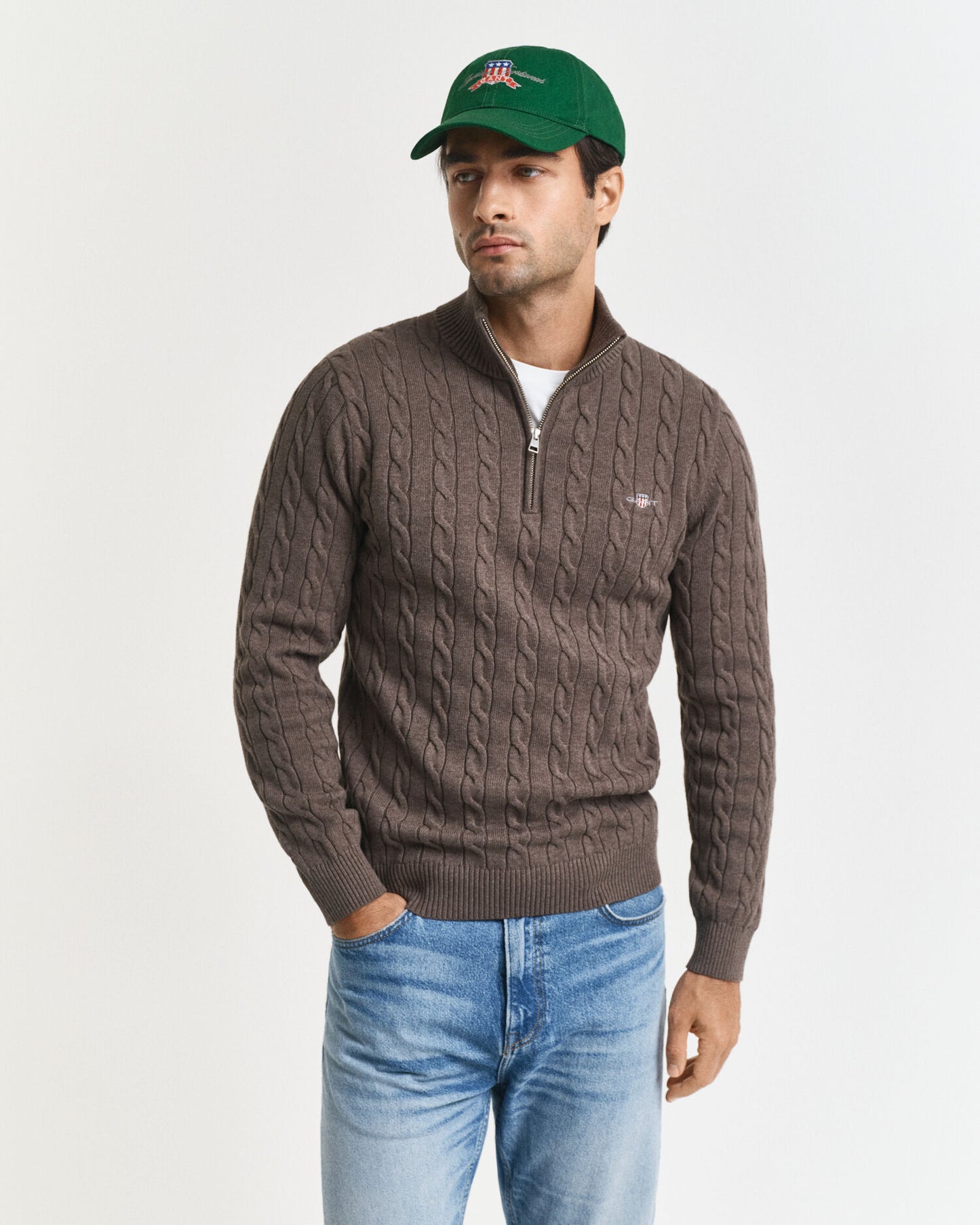Baumwoll-Zopfstrickpullover mit halbem Reißverschluss