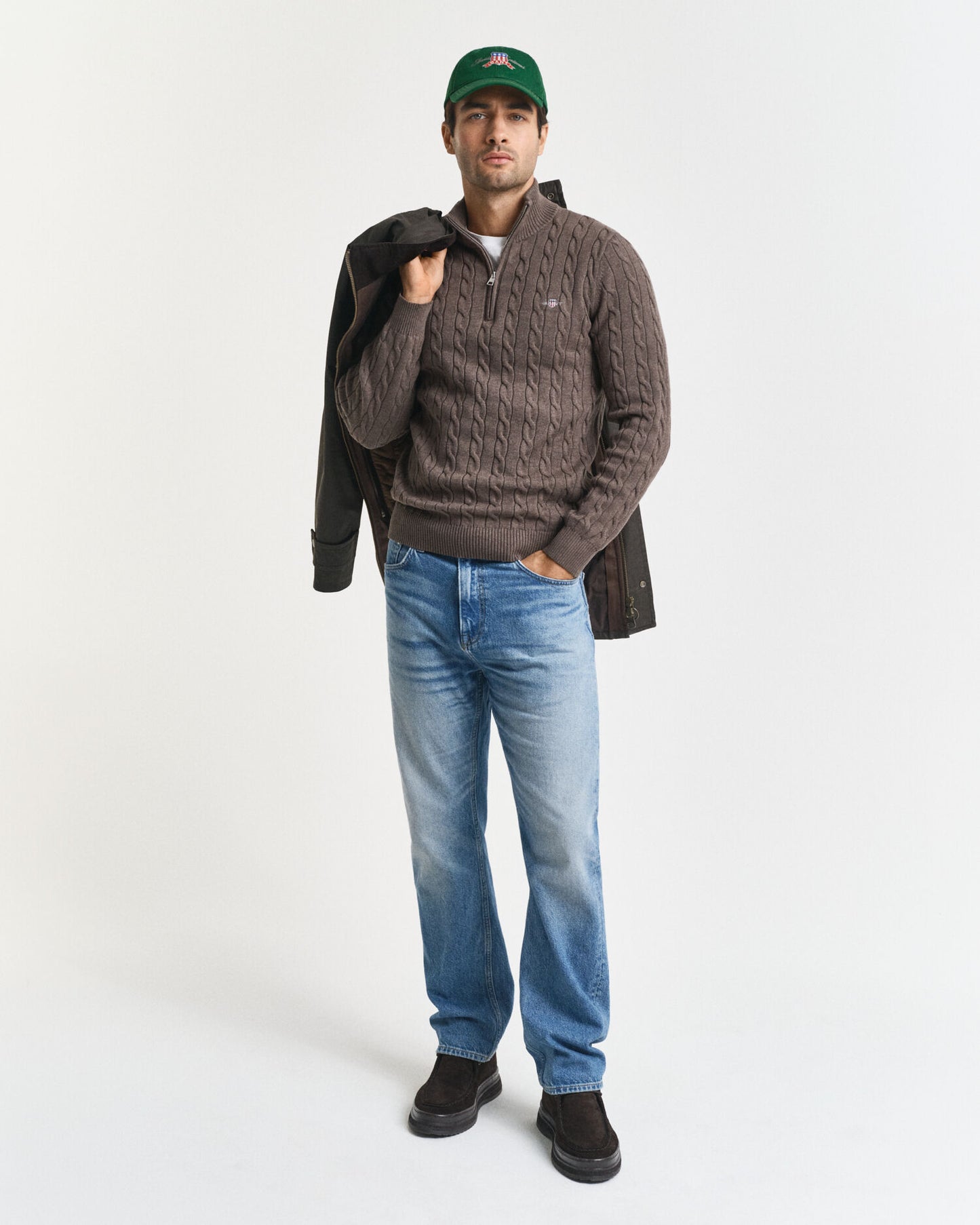 Baumwoll-Zopfstrickpullover mit halbem Reißverschluss