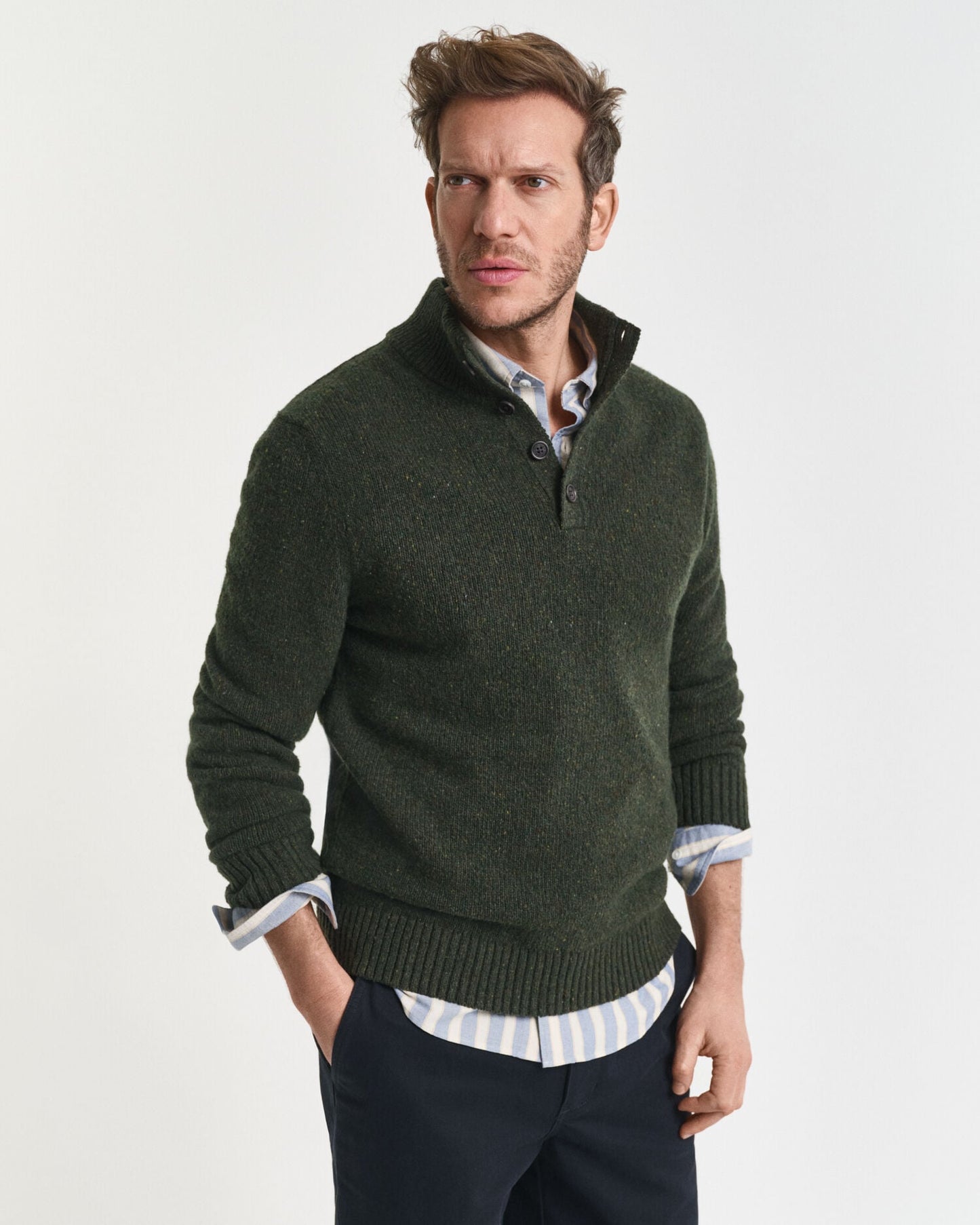 Pull mi-boutonné en laine mélangée texturée