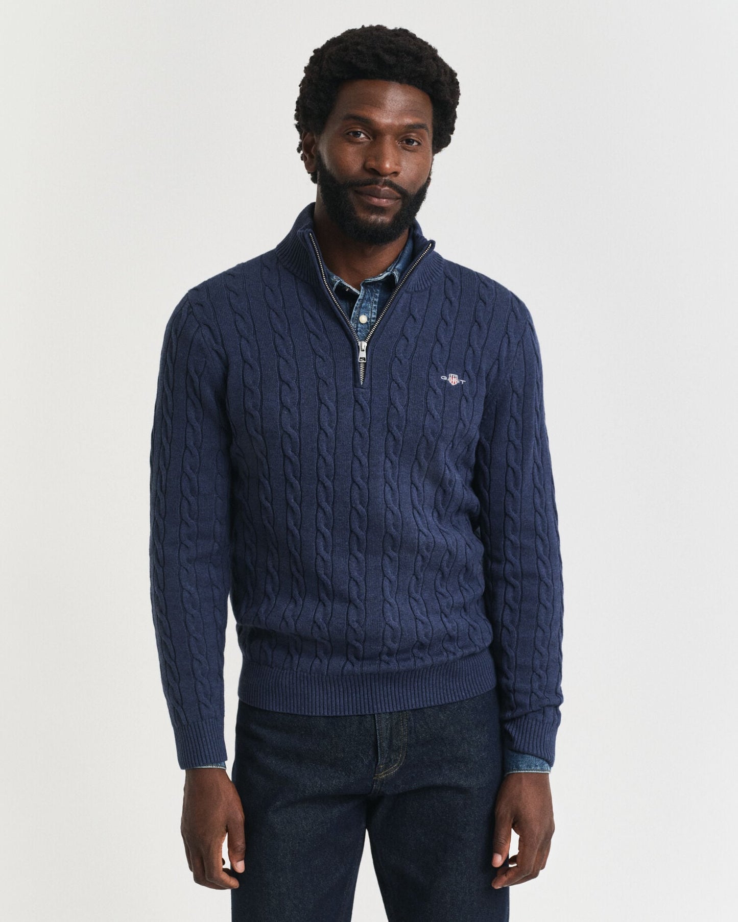 Baumwoll-Zopfstrickpullover mit halbem Reißverschluss