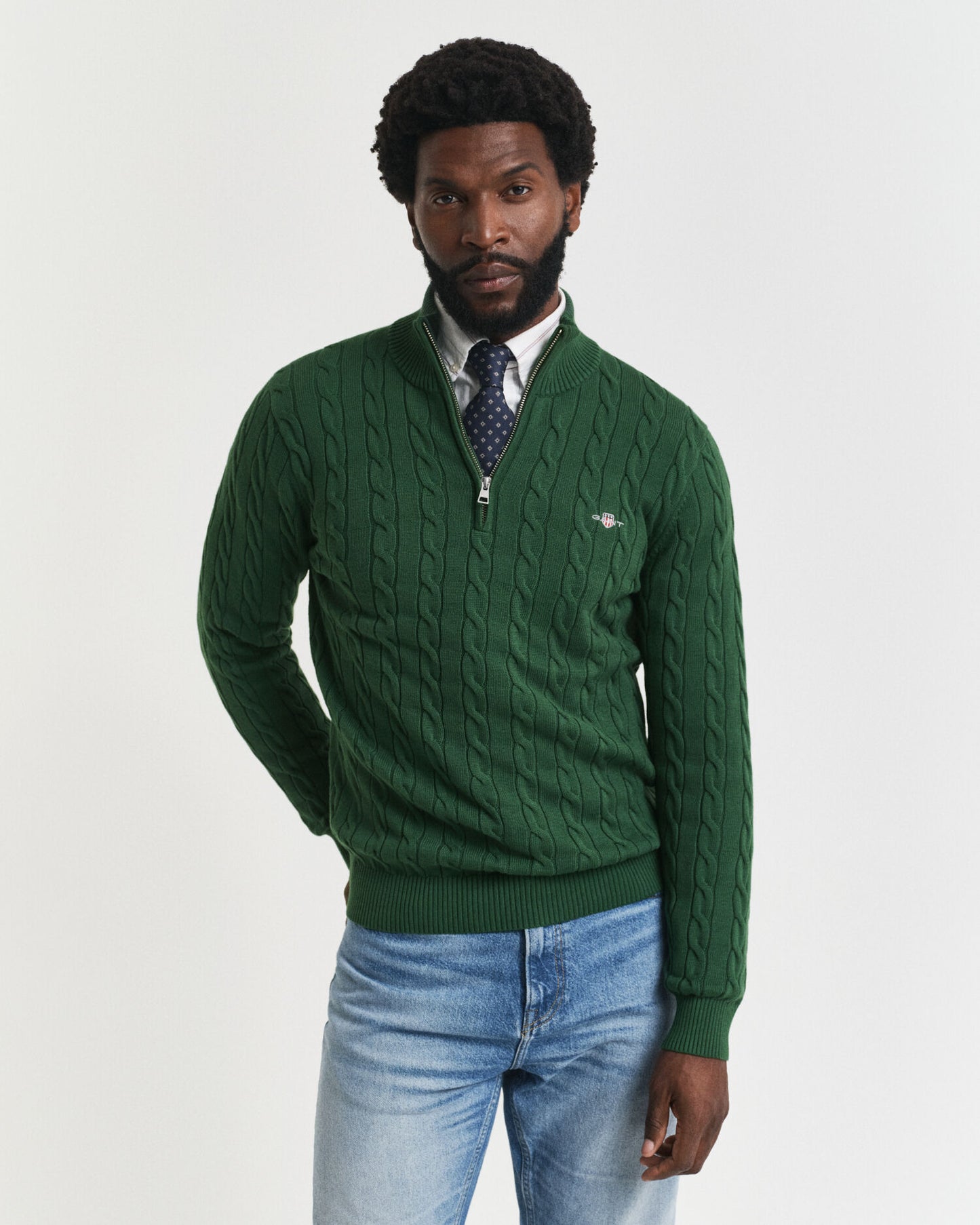 Baumwoll-Zopfstrickpullover mit halbem Reißverschluss