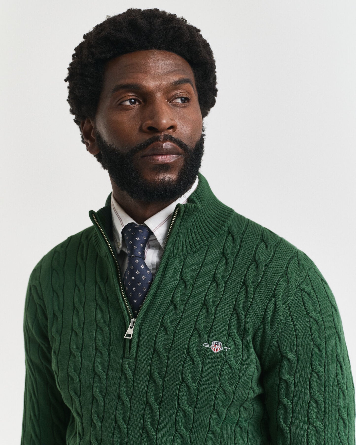 Baumwoll-Zopfstrickpullover mit halbem Reißverschluss