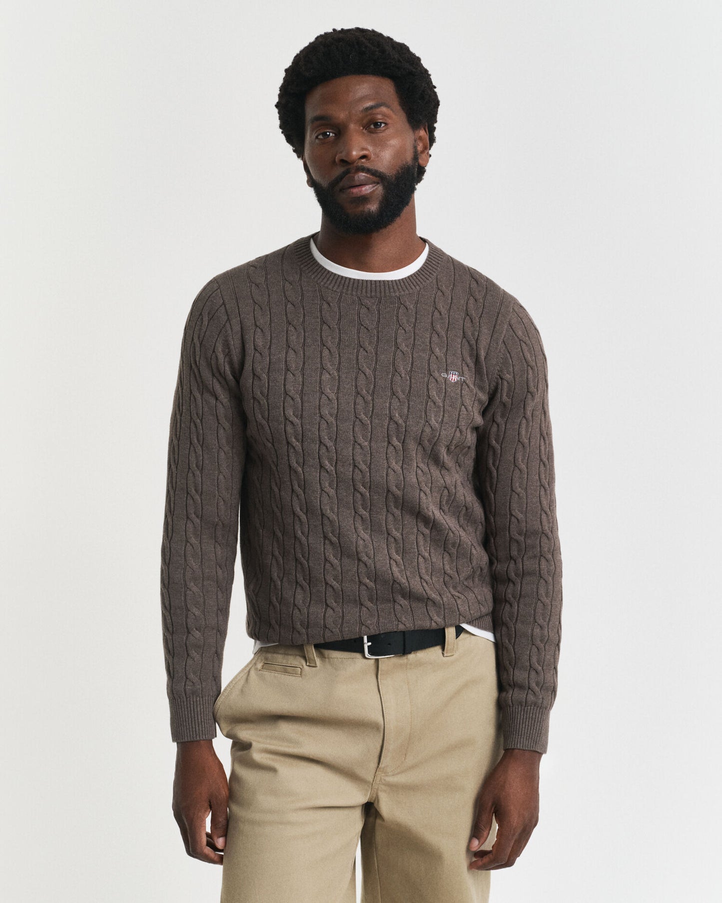 Baumwoll-Zopfstrickpullover mit Rundhalsausschnitt