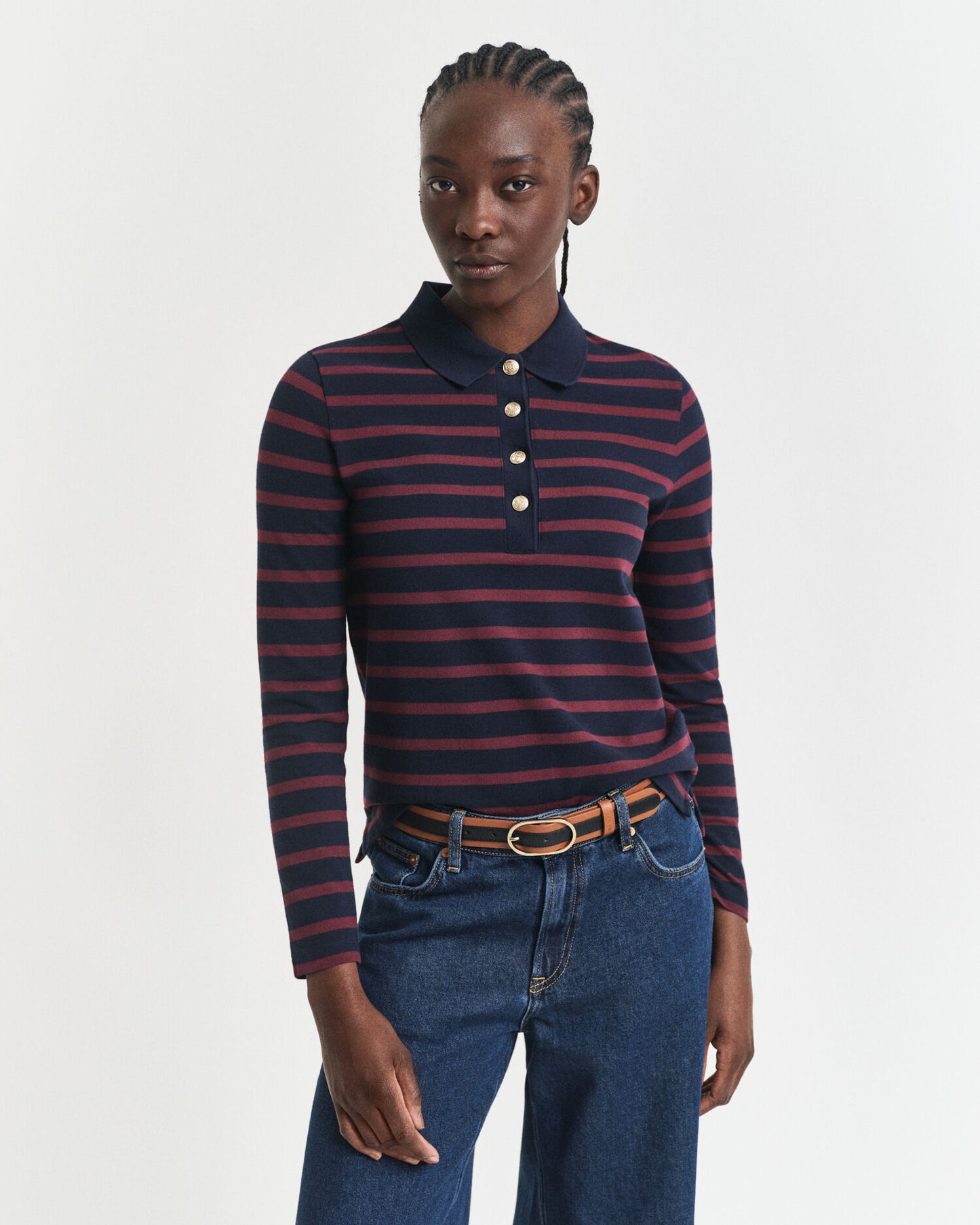 Breton Striped Long Sleeve Pique Polo Shirt