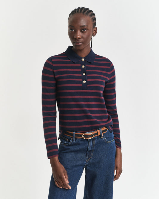 Breton Striped Long Sleeve Pique Polo Shirt