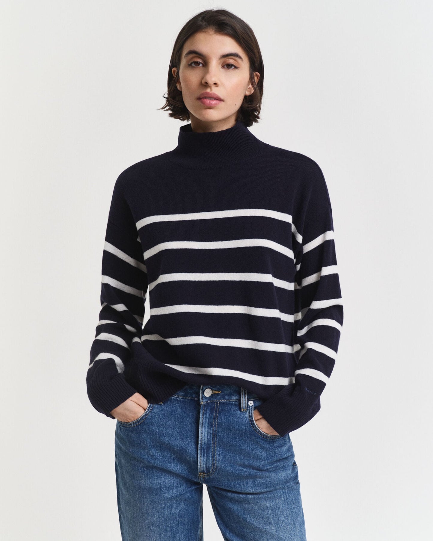 Gestreifter Superfein-Lambswool-Rollkragenpullover