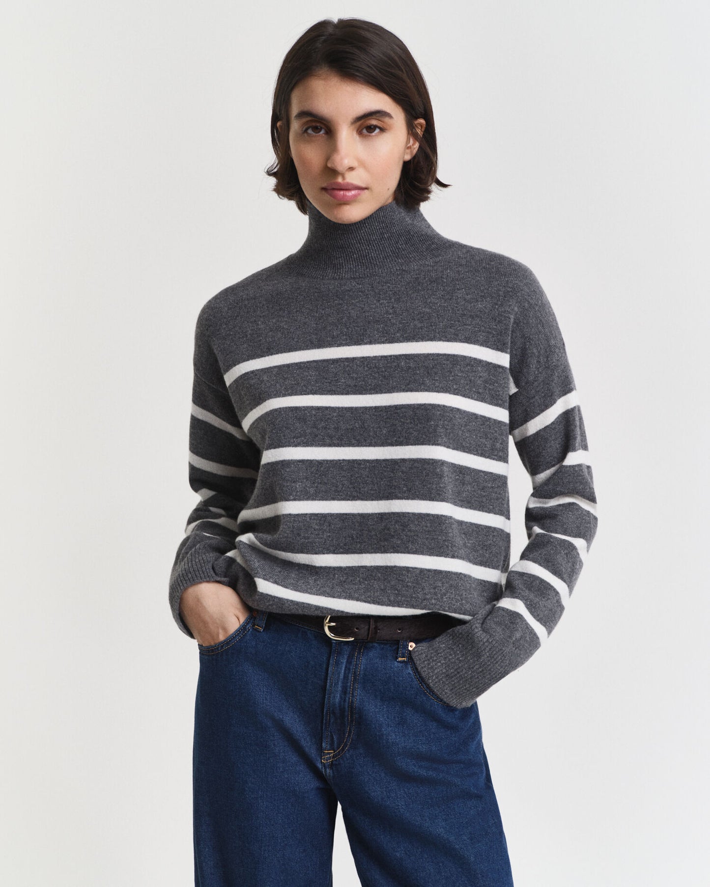 Gestreifter Superfein-Lambswool-Rollkragenpullover