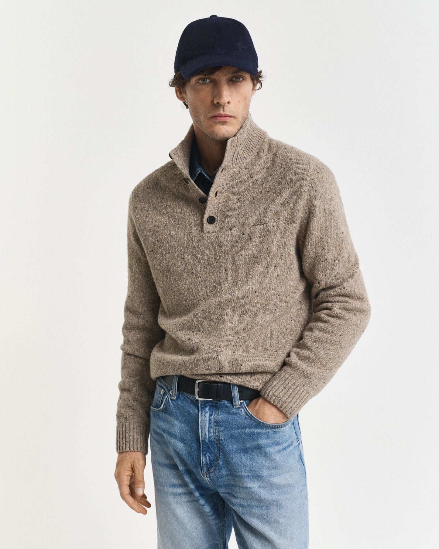 Pull mi-boutonné en laine mélangée texturée